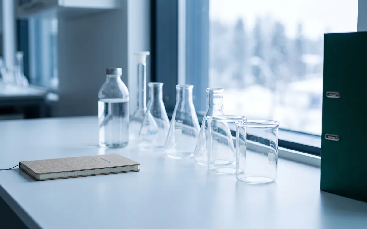 Clean laboratory glassware on a white bench beside a window with cool Finnish winter light